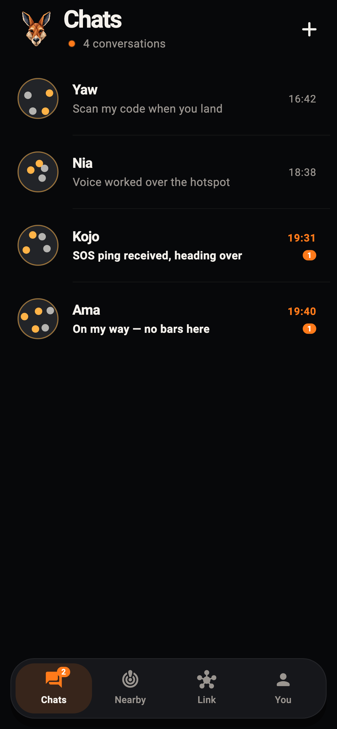 HarooLink chats screen showing encrypted conversations with nearby friends